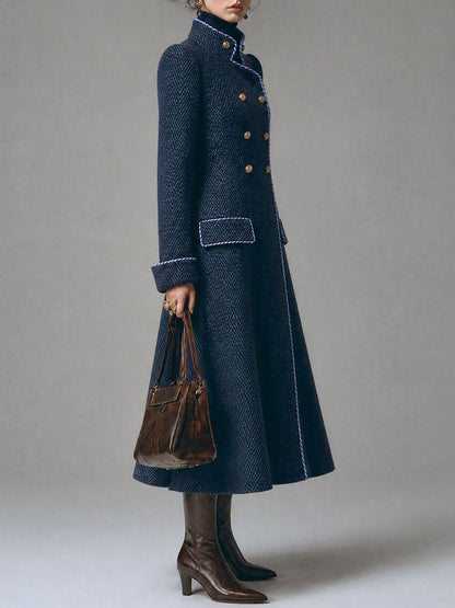 Herringbone Wool Double-Breasted Long Coat with Contrast Piping