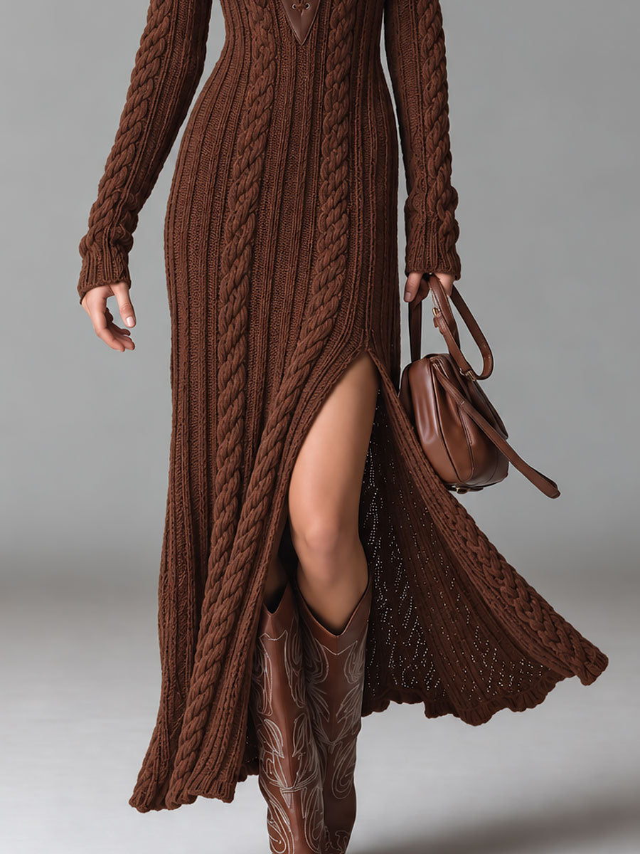 Boho PU Crisscross Halter Neck Cable-knit Maxi Dress With A Side-slit Hem