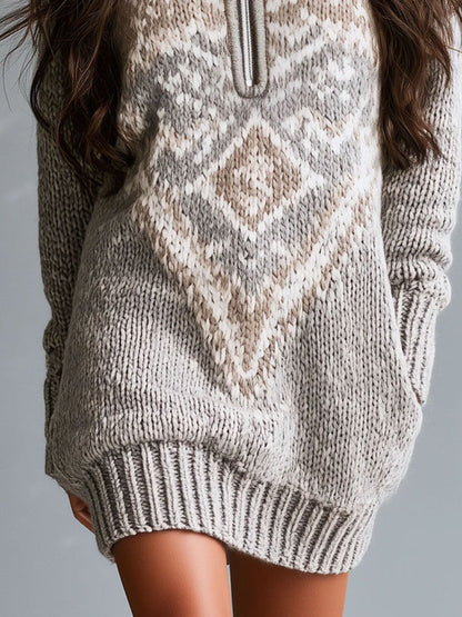 Vintage Half Zip Stand Collar Nordic Fair Isle Knit Dress With Pockets