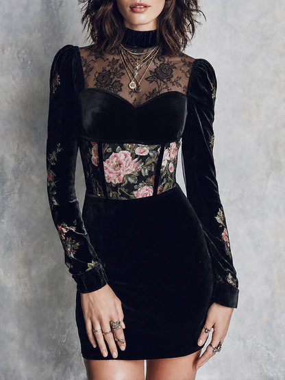 Elegant Sweetheart Neckline Lace Trim Velvet Mini Dress With Floral Print