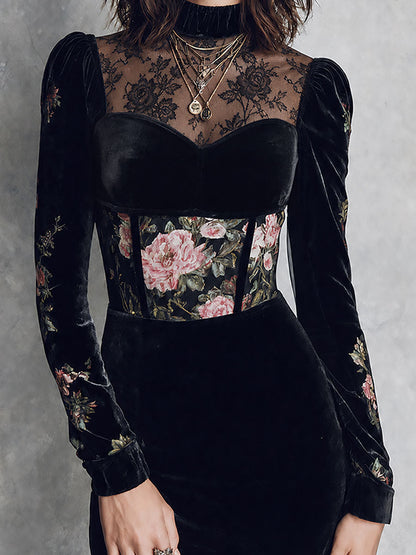 Elegant Sweetheart Neckline Lace Trim Velvet Mini Dress With Floral Print