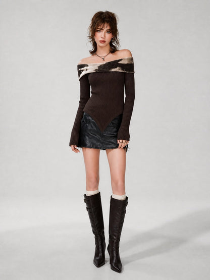 Retro Off-Shoulder Ribbed Sweater With Velvet Foldover Collar