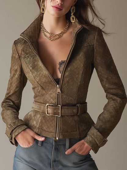 Vintage Boho Woven Embossed Suede Leather Jacket
