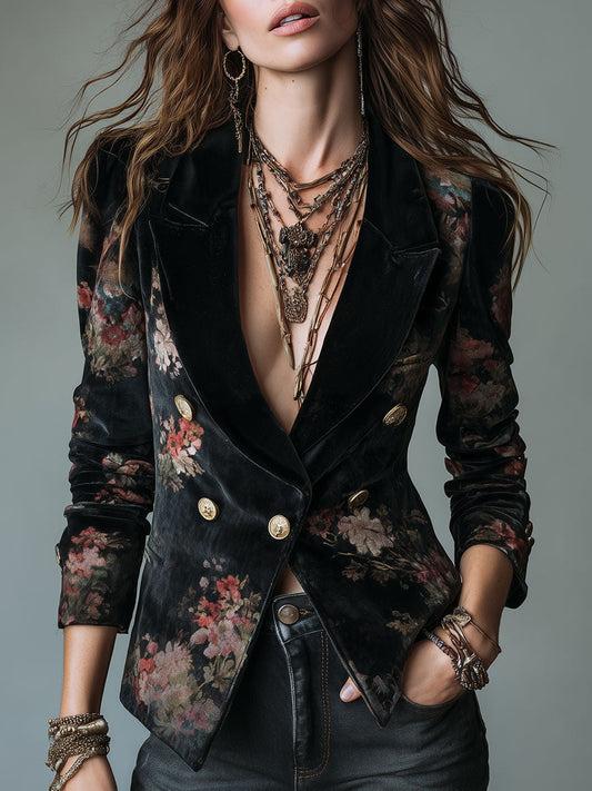 Quiet Luxury Velvet Printed Lapel Slim-fit Blazer WithButton Details
