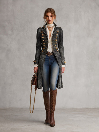 Women's Military Style Washed Denim Long Coat with Gold Buttons