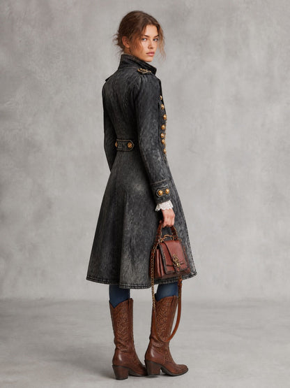 Women's Military Style Washed Denim Long Coat with Gold Buttons