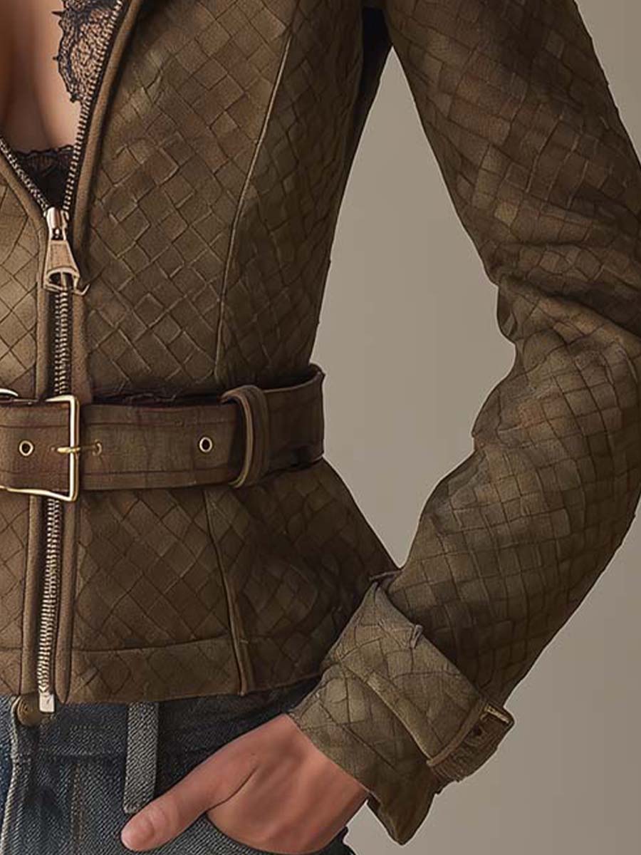 Vintage Boho Woven Embossed Suede Leather Jacket