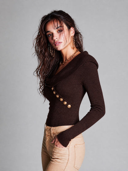 Vintage Ribbed Knit V-Neck Long Sleeve Sweater with Gold Button Detail