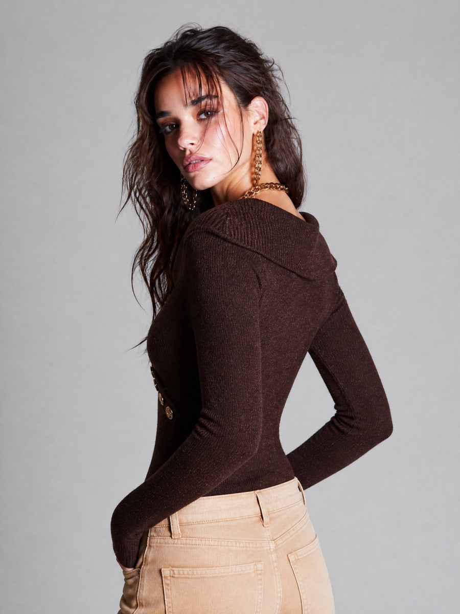 Vintage Ribbed Knit V-Neck Long Sleeve Sweater with Gold Button Detail