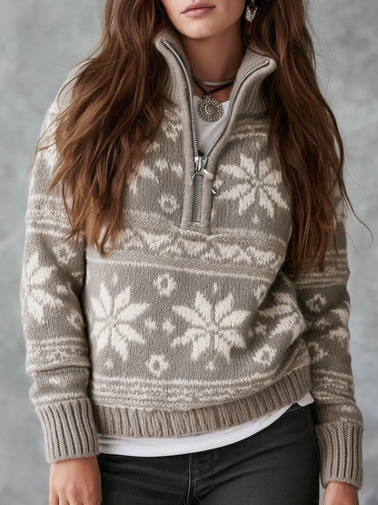 Boho Heather Grey Snowflake Pattern Knit Half Zip Turtleneck Sweater