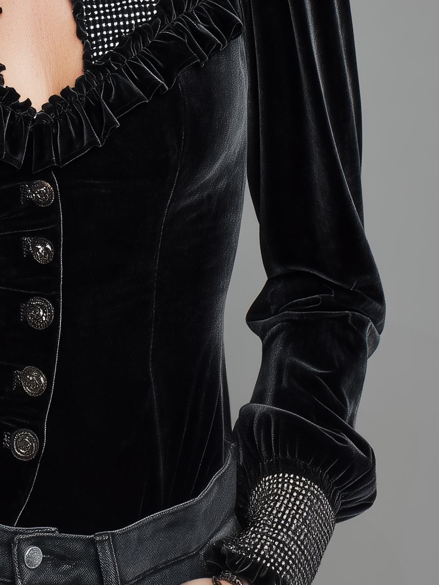 Romantic Black Velvet Ruffle Cutout Blouse