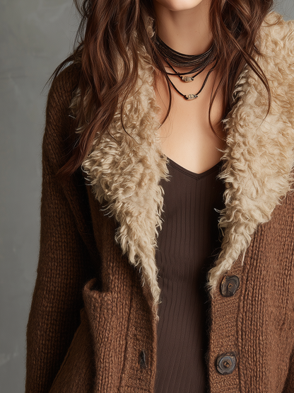 Cozy Brown Faux Fur Collar Knit Cardigan