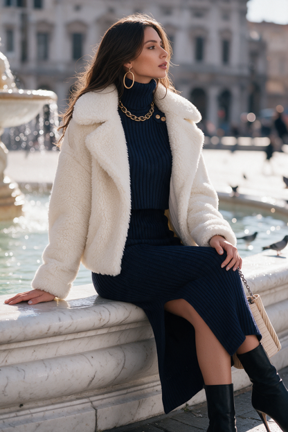 Ribbed Knit Turtleneck Midi Dress with Cape Overlay