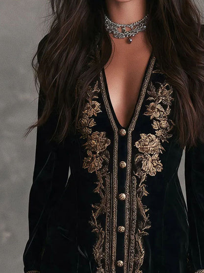 Boho Retro Gold Embroidered Velvet Mini Dress