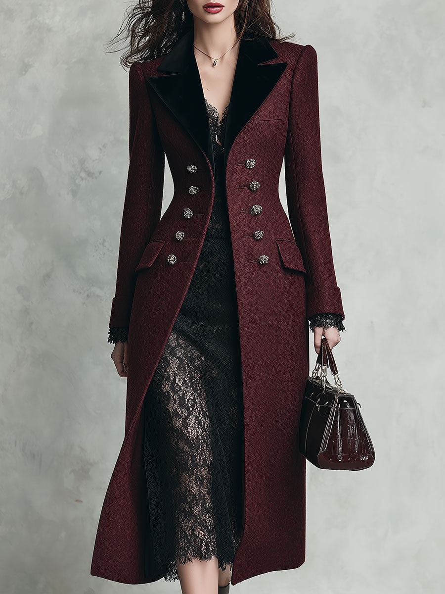Quiet Luxury Velvet-Collar Double-Breasted Slim-Fit Mid-Length Wool Coat