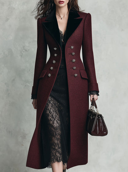 Quiet Luxury Velvet-Collar Double-Breasted Slim-Fit Mid-Length Wool Coat