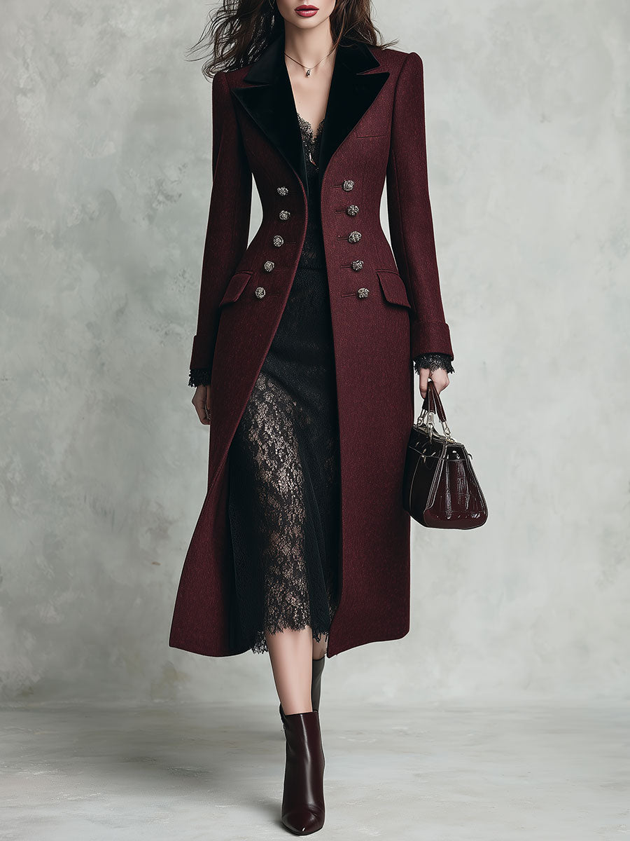 Quiet Luxury Velvet-Collar Double-Breasted Slim-Fit Mid-Length Wool Coat