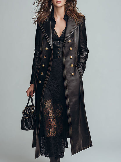 Vintage-style Lapel Collar Double-breasted Eco-leather Coat With Topstitching