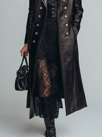 Vintage-style Lapel Collar Double-breasted Eco-leather Coat With Topstitching