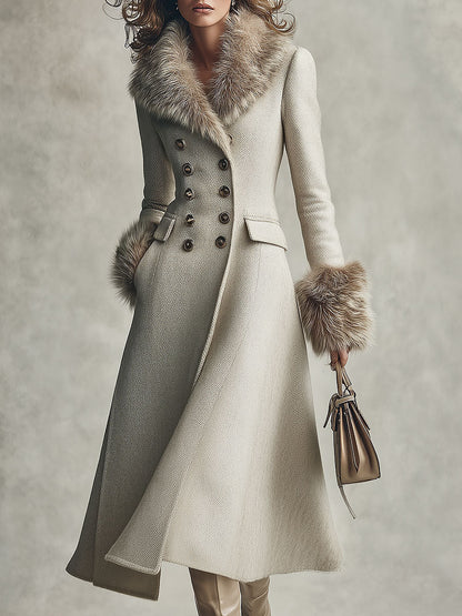 Quiet Luxury Fur-trimmed Collar Double-breasted Wool-blend Coat With Waist-cinching Fit