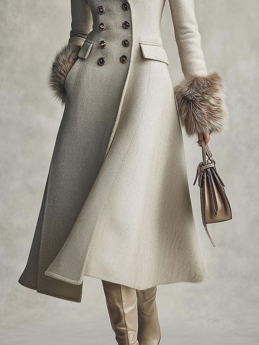 Quiet Luxury Fur-trimmed Collar Double-breasted Wool-blend Coat With Waist-cinching Fit