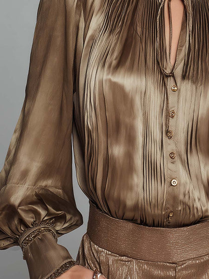 Retro-style Glamorous Satin Pleated Long-sleeved Shirt