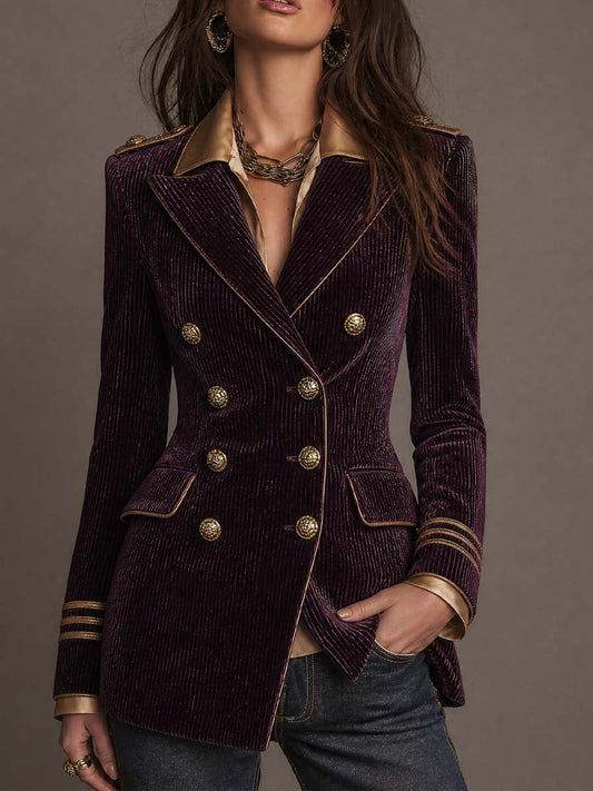 Vintage Double-Breasted Corduroy Military Blazer with Gold Trim