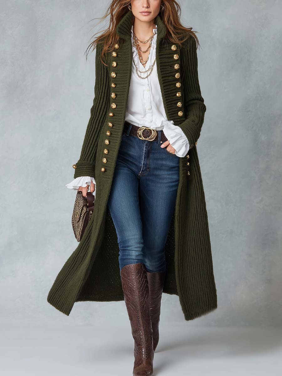 Military-style Stand Collar Knit Long Coat
