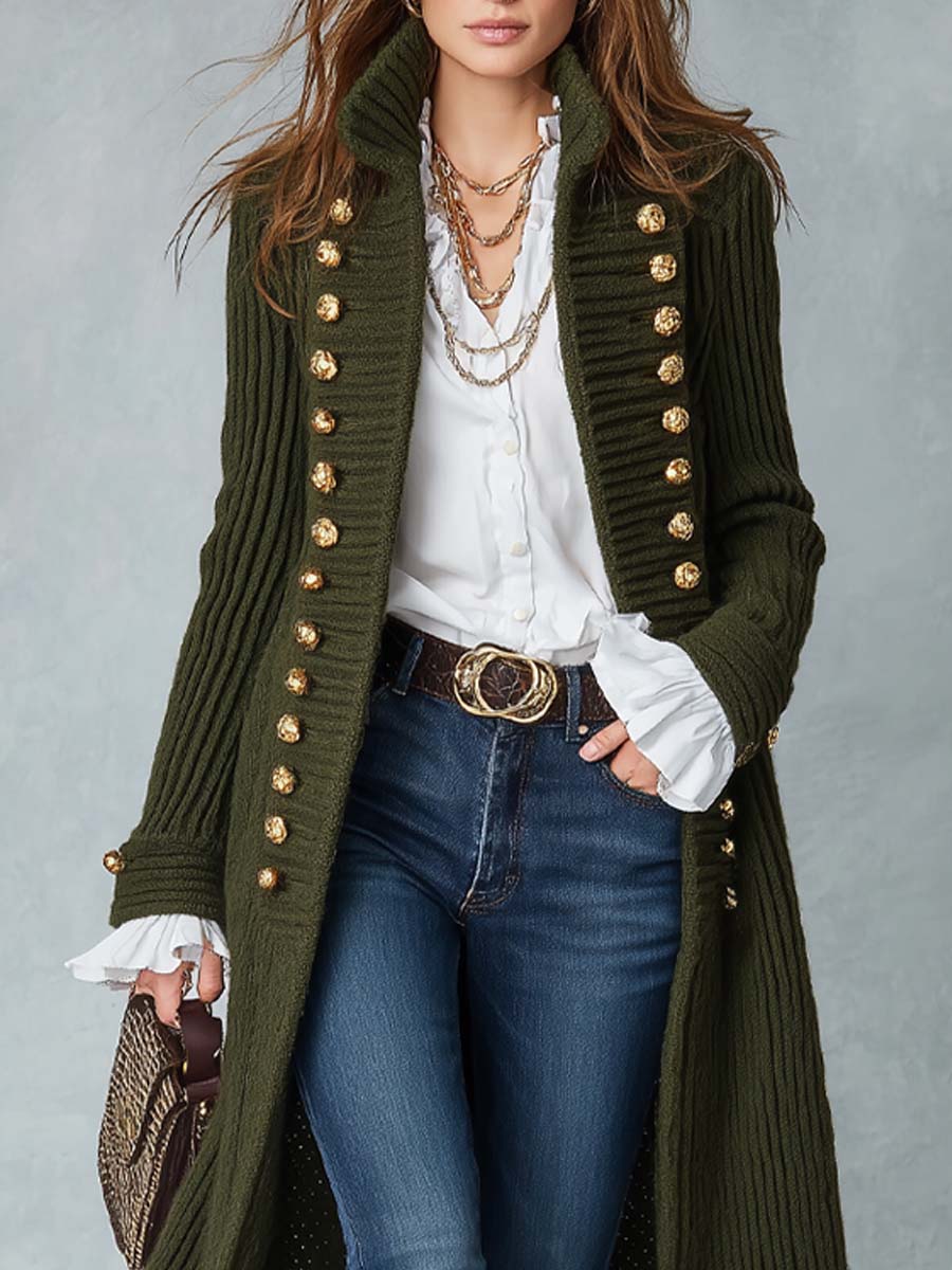 Military-style Stand Collar Knit Long Coat