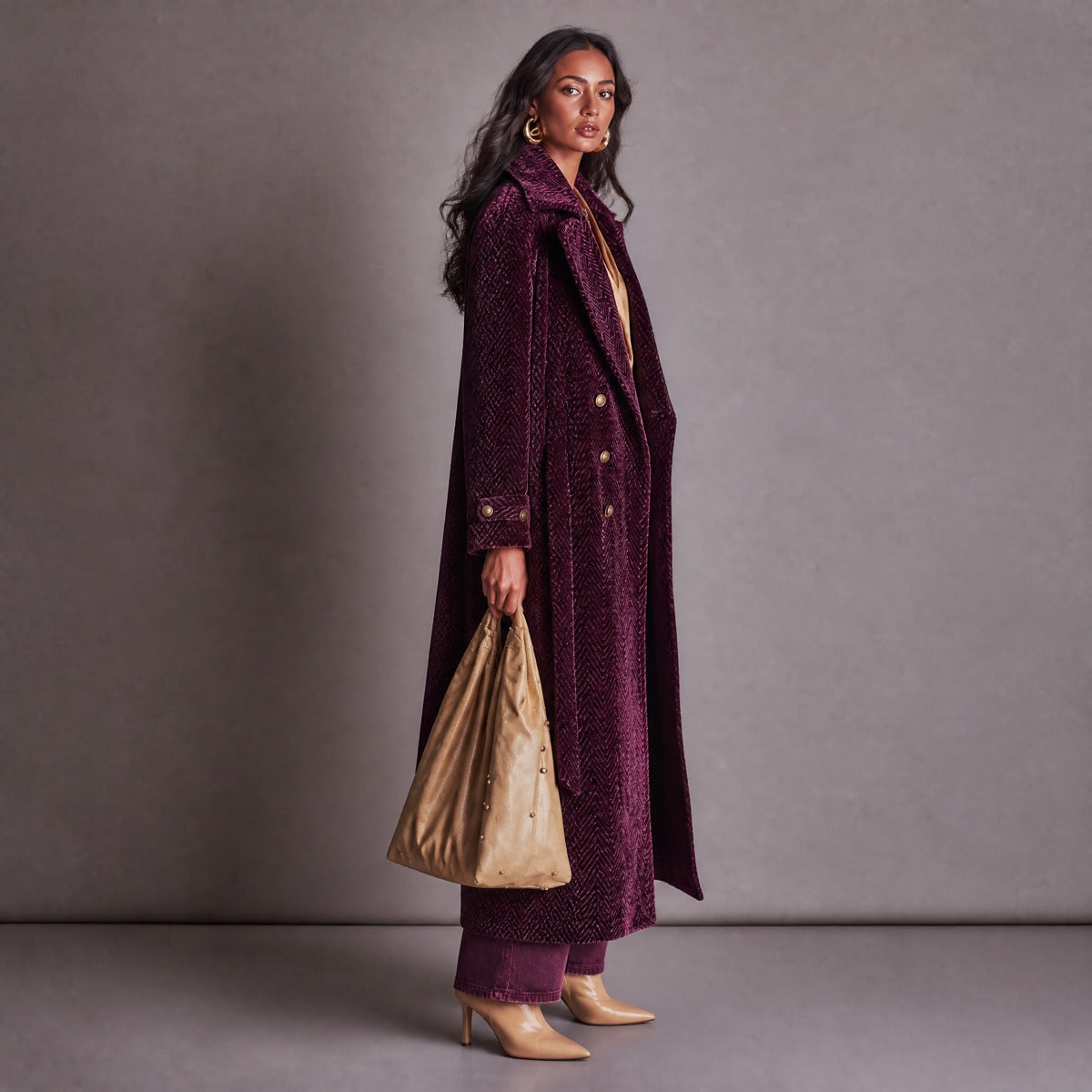 Vintage Plum Purple Chenille Herringbone Double-Breasted Longline Coat
