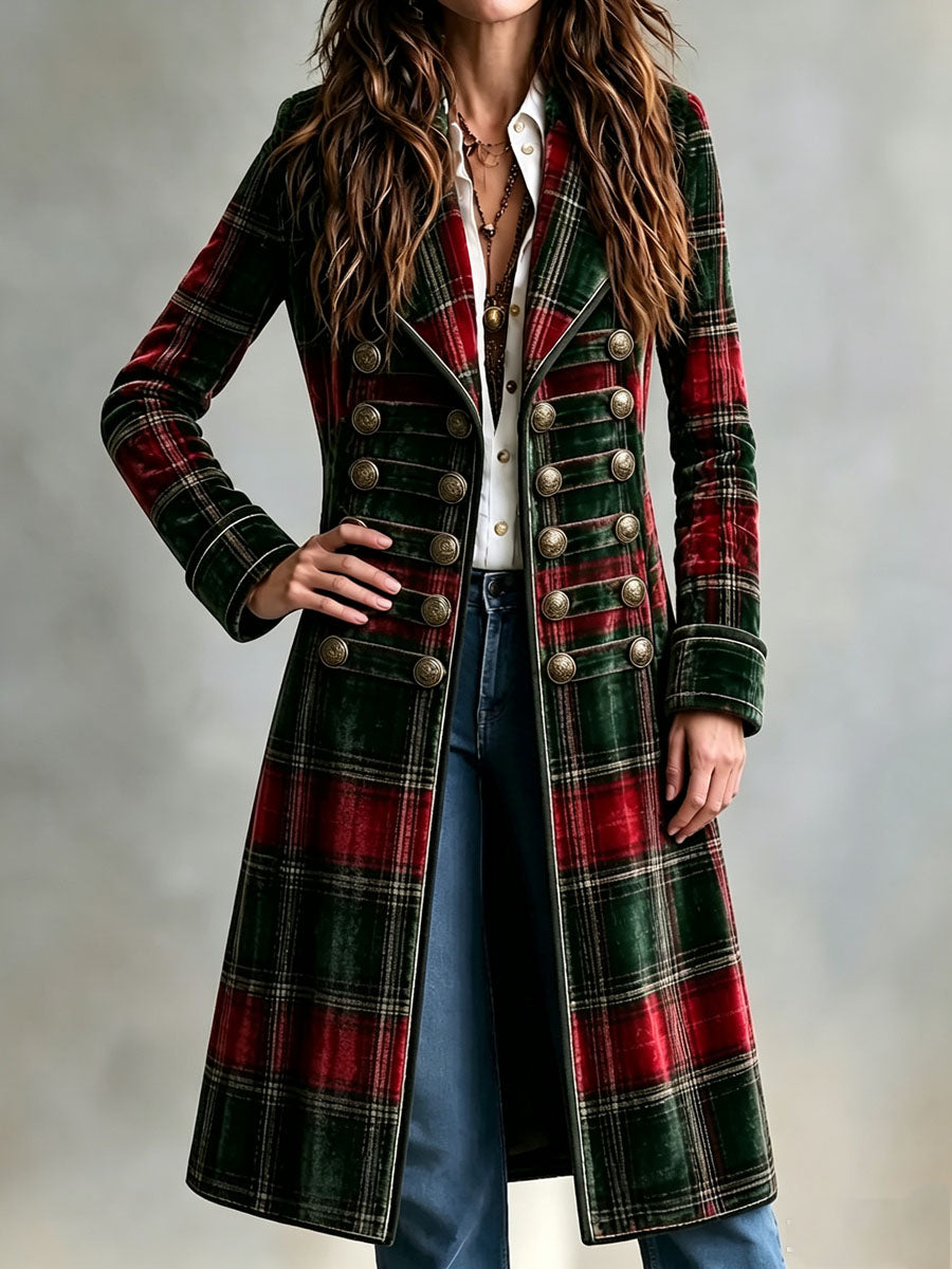 Victorian Vintage Plaid Velvet Double Row Brass Buttons Long Coat