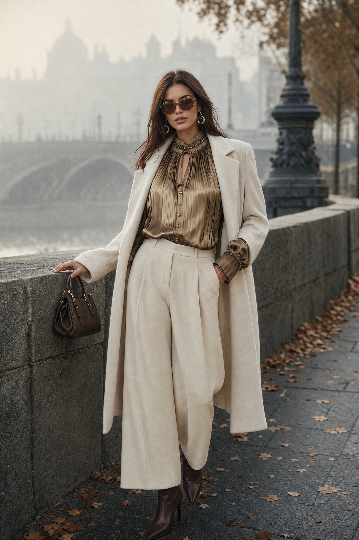 Retro-style Glamorous Satin Pleated Long-sleeved Shirt