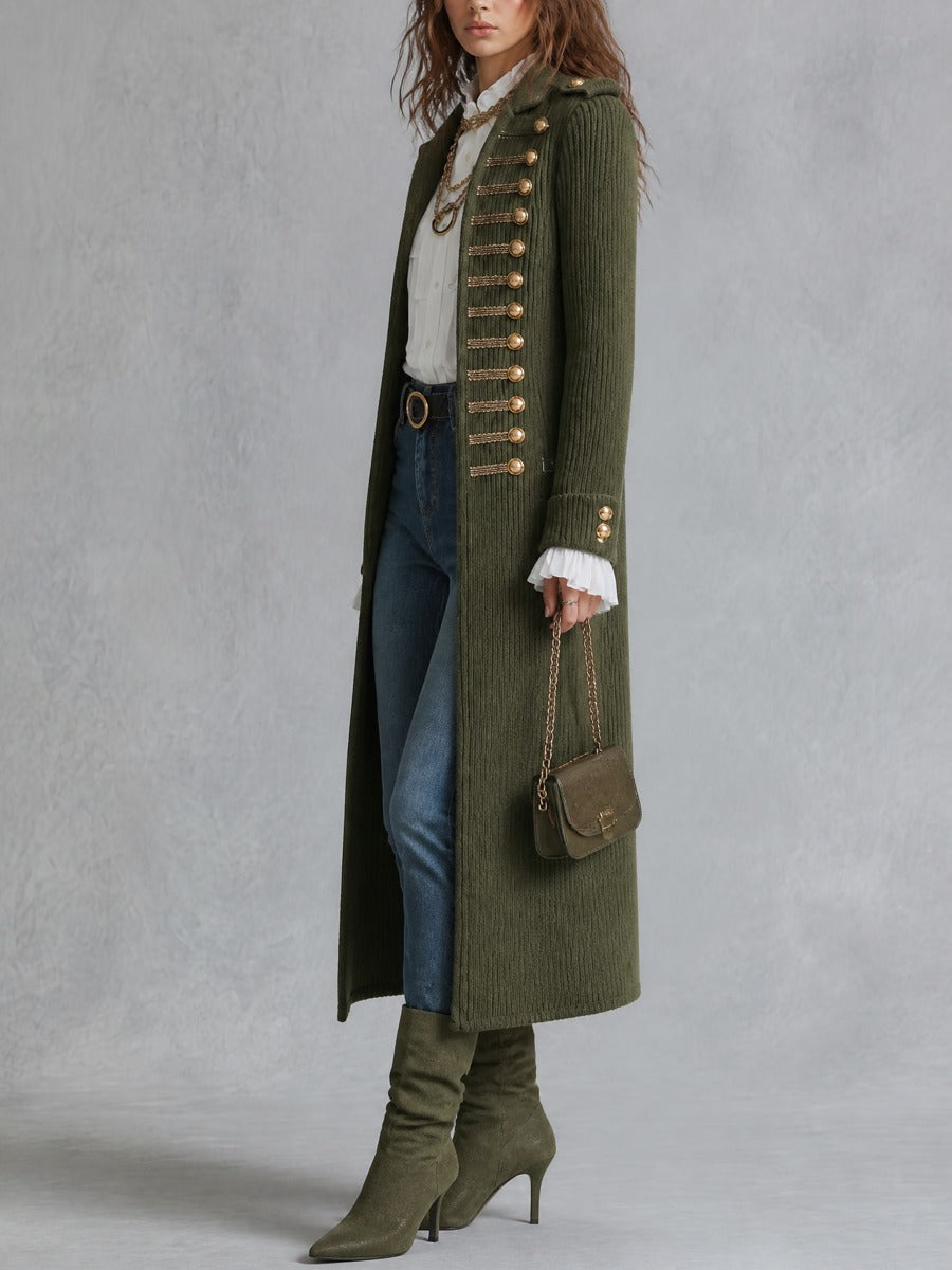 Military-style Decorative Button Knit Long Coat