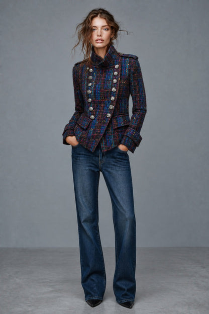 Retro Tweed Military Style Double-Breasted Coat with Metal Buttons