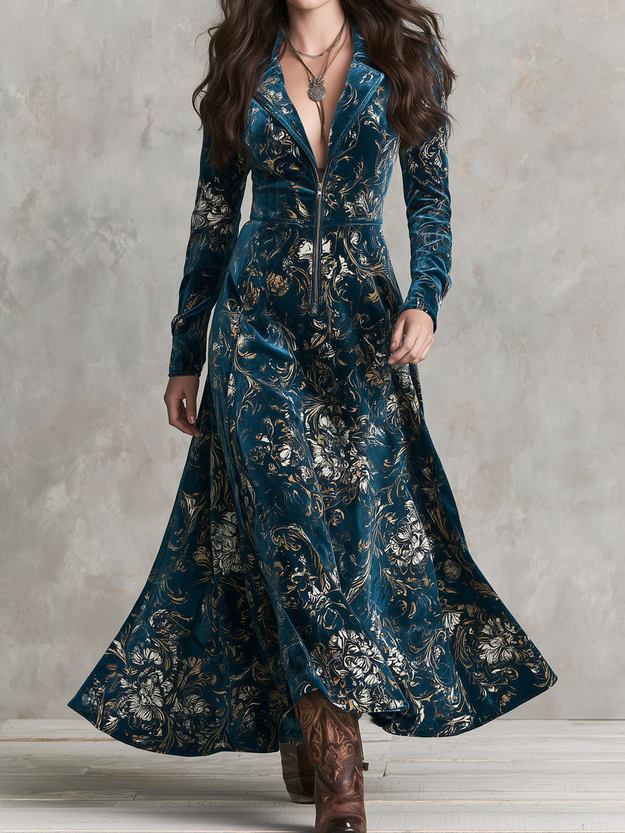 Boho Vintage Gold Floral Print Velvet Lapel Zip Front Flare Maxi Dress