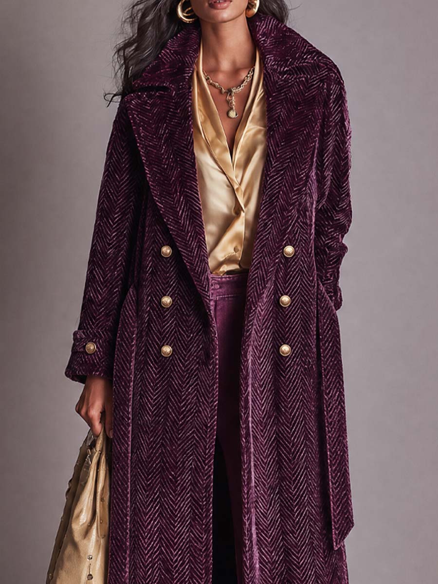 Vintage Plum Purple Chenille Herringbone Double-Breasted Longline Coat