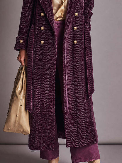 Vintage Plum Purple Chenille Herringbone Double-Breasted Longline Coat