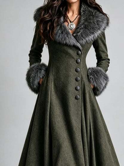 Boho Western Fur Trim Wool Fitted Waist Flare Skirt Long Dress Coat