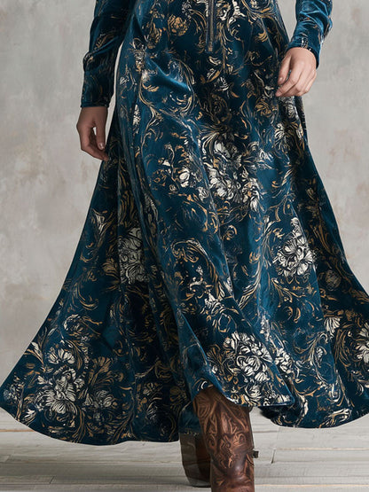 Boho Vintage Gold Floral Print Velvet Lapel Zip Front Flare Maxi Dress