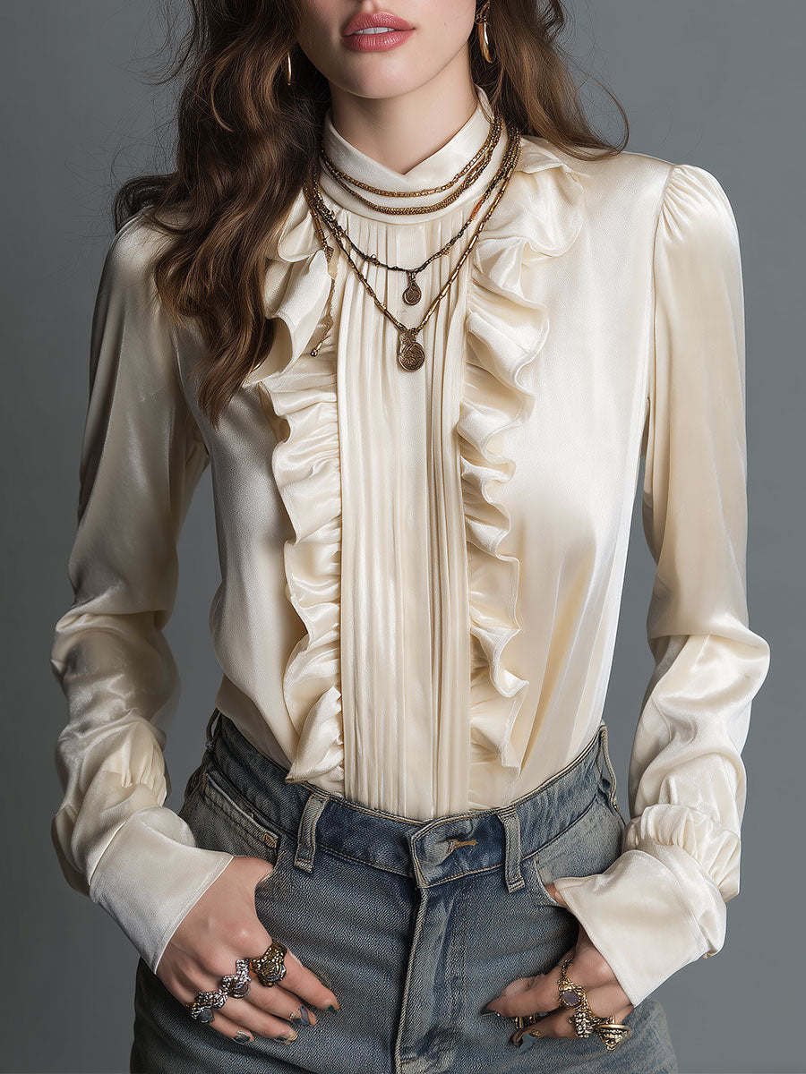 Vintage Stand Collar Off-white Velvet Blouse With Ruffle Trim