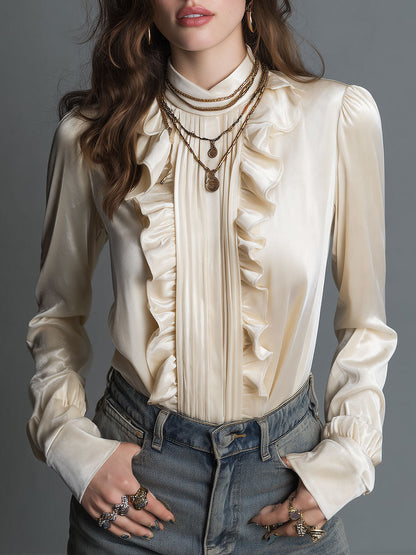 Vintage Stand Collar Off-white Velvet Blouse With Ruffle Trim