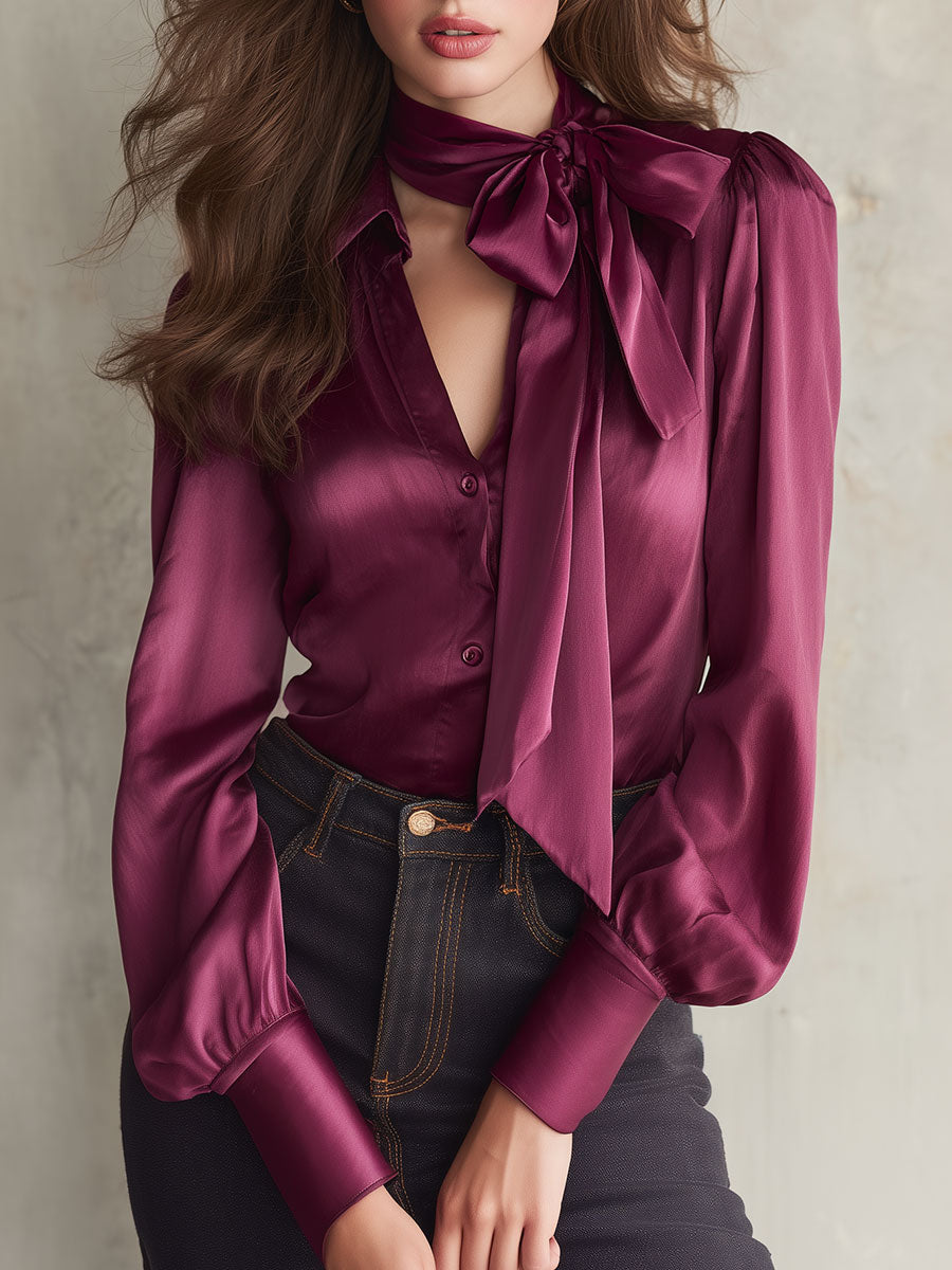 Elegant Raspberry Color Button Detail Tencel Blouse With Detachable Bow Tie