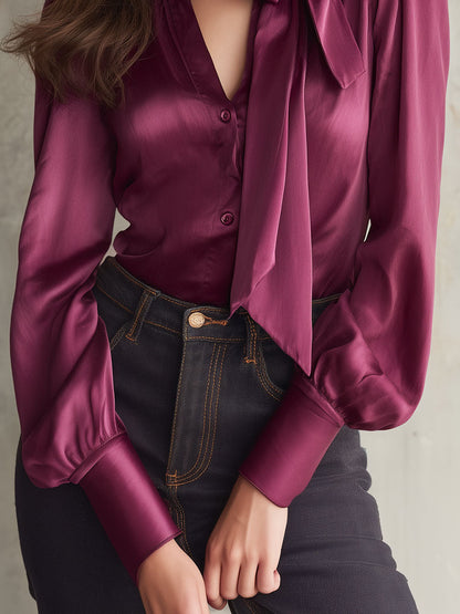 Elegant Raspberry Color Button Detail Tencel Blouse With Detachable Bow Tie