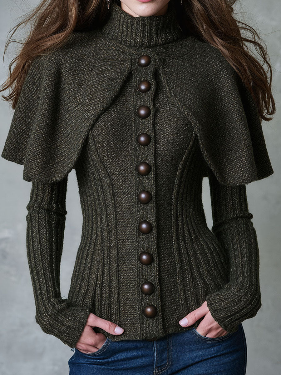 Victorian Stand Collar Ribbed Knit Sweater With Capelet