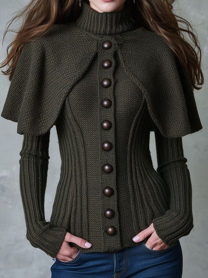 Victorian Stand Collar Ribbed Knit Sweater With Capelet