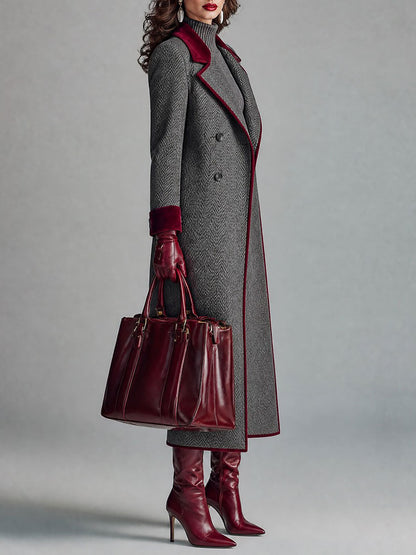 Elegant Herringbone Wool Long Coat with Velvet Trim