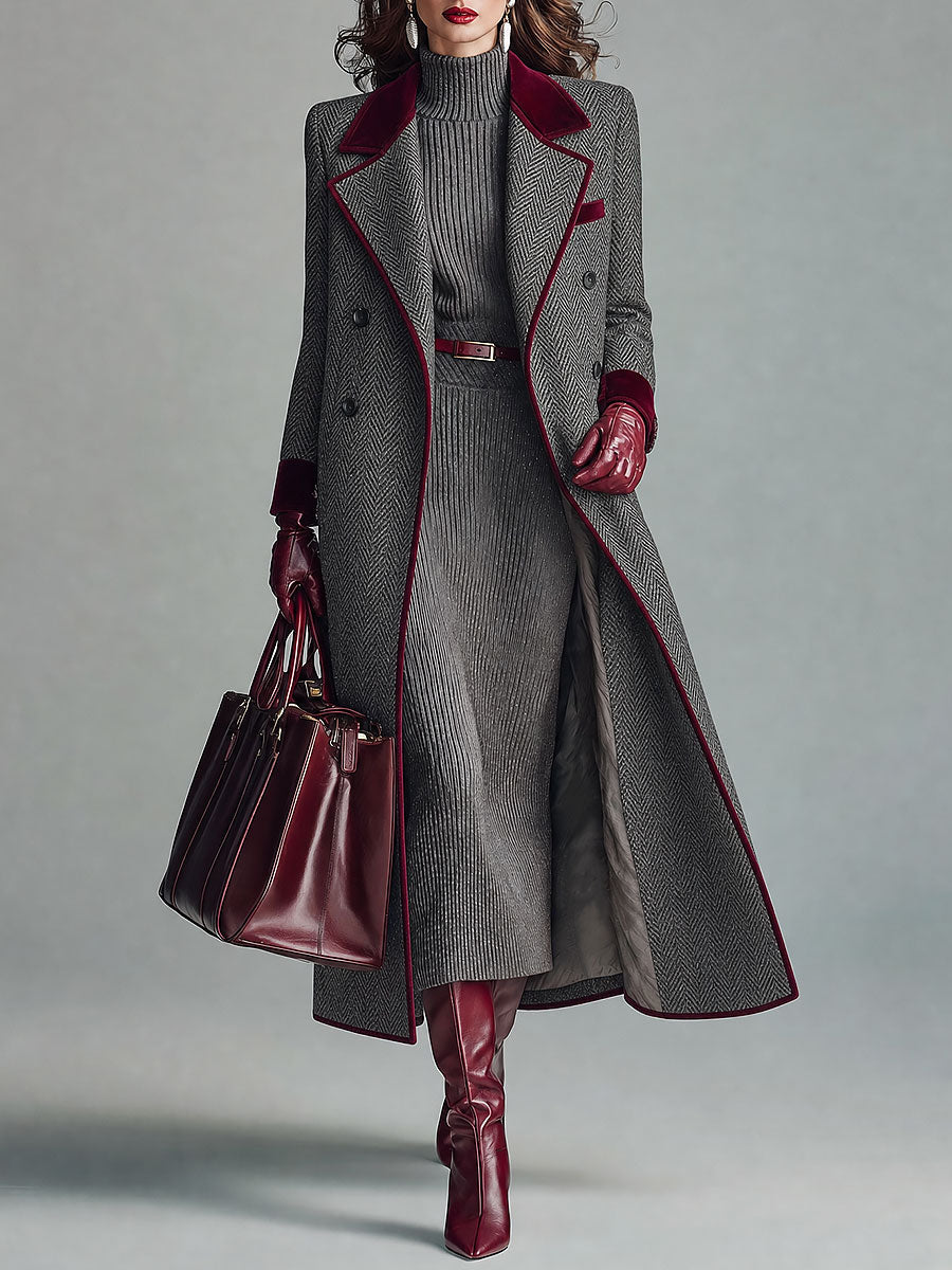 Elegant Herringbone Wool Long Coat with Velvet Trim