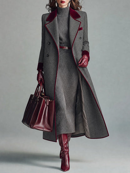 Elegant Herringbone Wool Long Coat with Velvet Trim