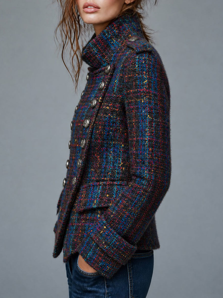 Retro Tweed Military Style Double-Breasted Coat with Metal Buttons