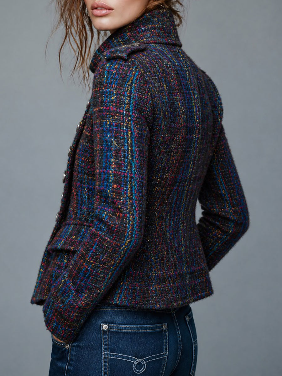 Retro Tweed Military Style Double-Breasted Coat with Metal Buttons